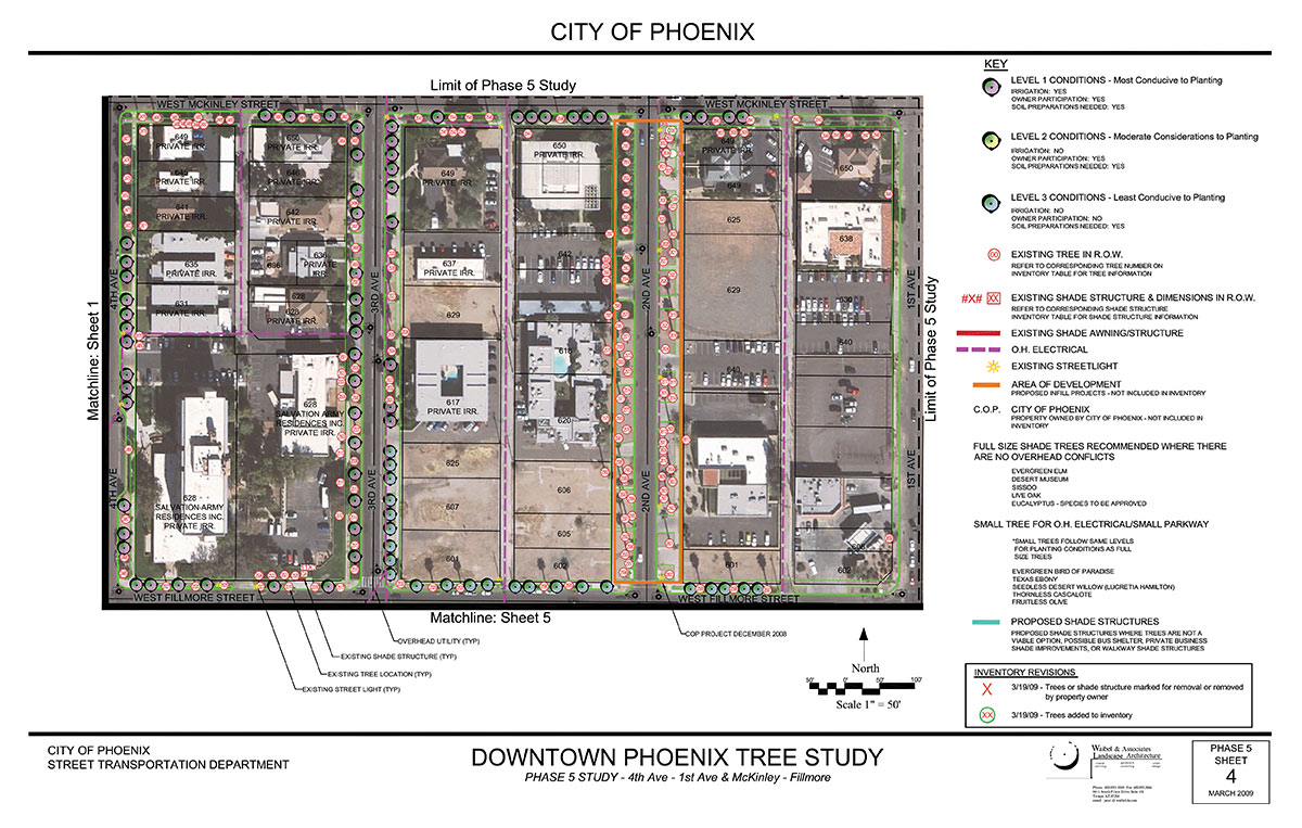 Image: a diagram of potential locations for tree placement over a three-block area in downtown Phoenix. Tree symbols are overlaid over an aerial photograph, indicating which areas are conducive to planting and why. Thick color-coded lines indicate locations of utility lines.