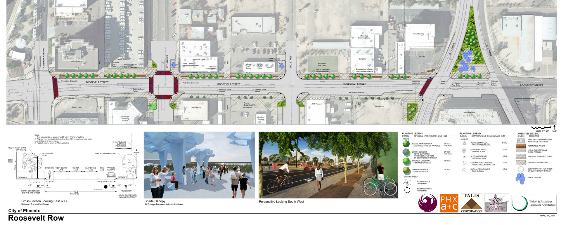 Image containing a plan view, section view, and perspectives views of the Roosevelt Row district. Geometric, angular metal structures provide shade in a pedestrian plaza. Trees provide shade along brick-paved sidewalks and bike lanes.