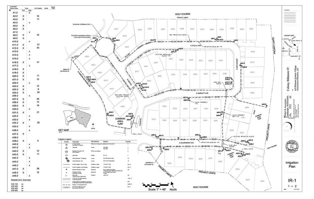A construction document of the irrigation plan of the common areas of a residential subdivision.