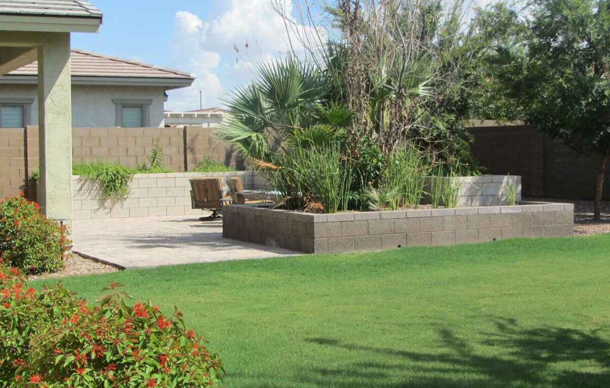Photo of a residential backyard. A concrete planter filled with palms and succulents separates a brick patio from a lush turf area. A second concrete planter surrounds the patio.