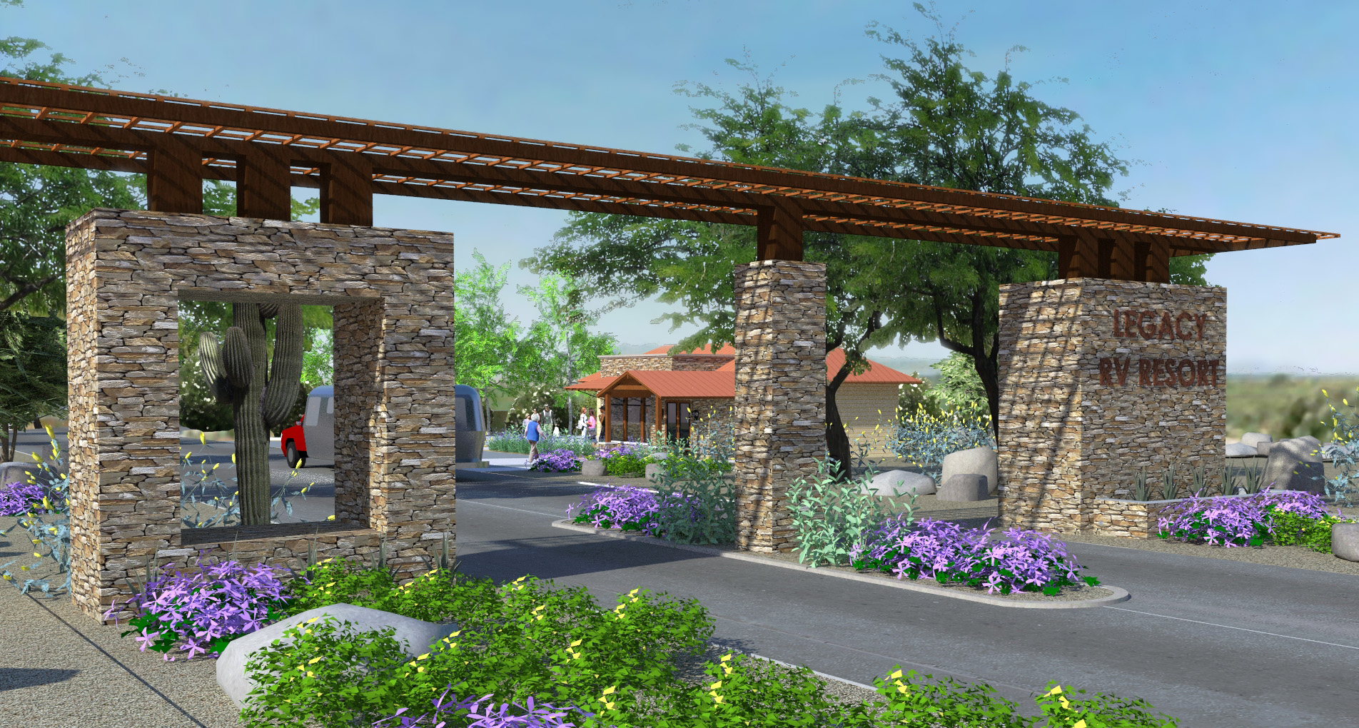Image of entry monument to RV resort. Monolithic stone columns support a metal lattice over the road. Metal letters on one column read, "Legacy RV Resort." Along the road are desert-adapted groundcovers, agaves, and trees.
